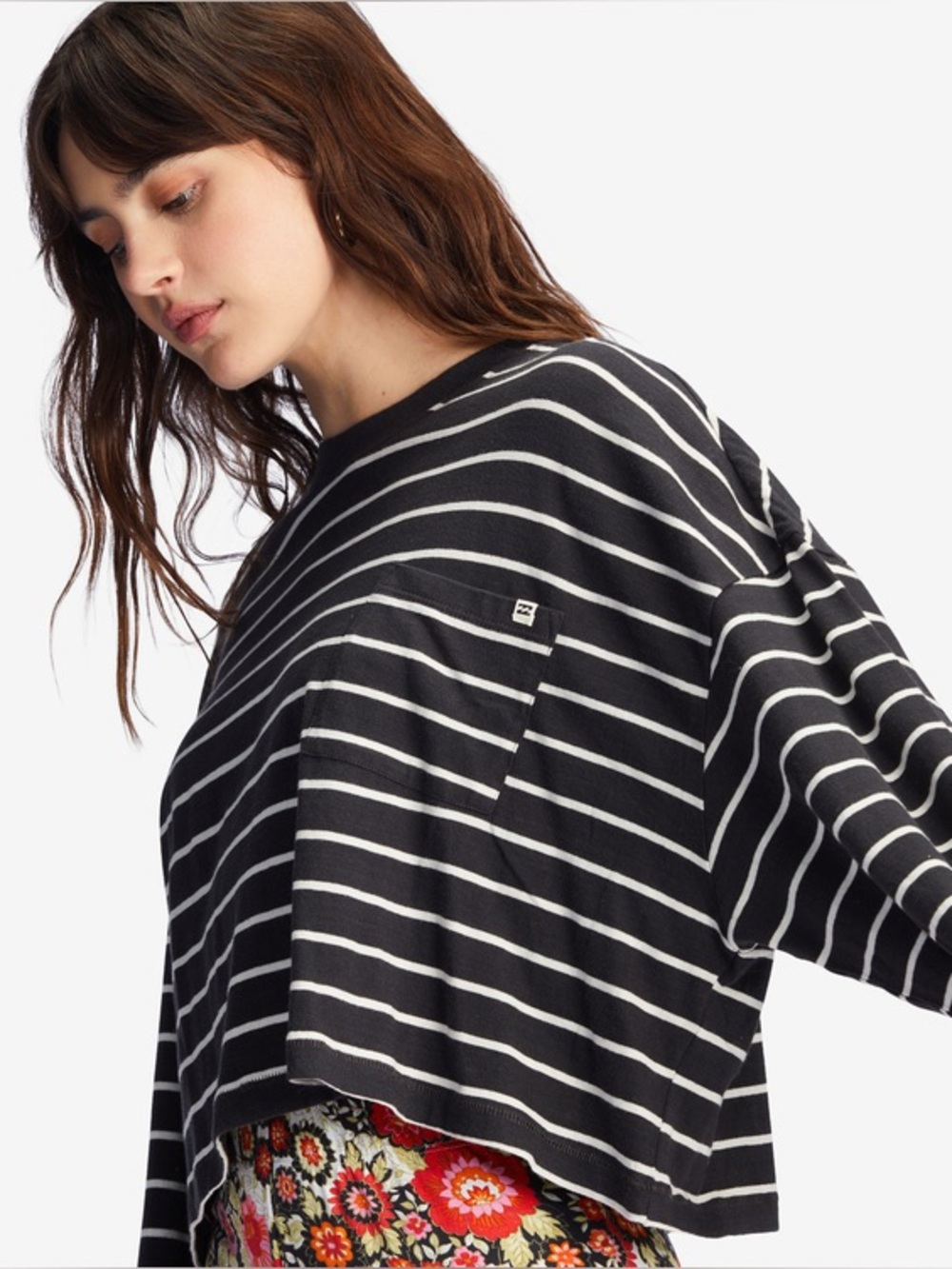BILLABONG Beach - Crop T-Shirt Black & White Striped Size Medium